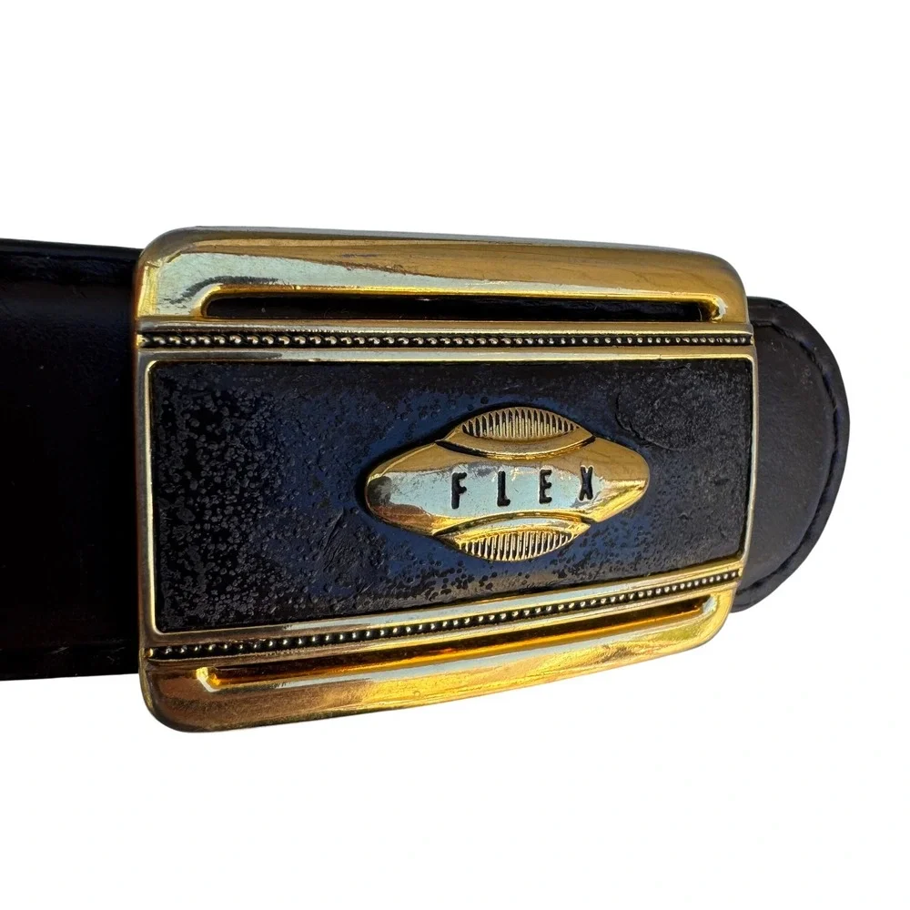 Flex Mens Vintage Ratchet Belt Dark Brown‎ Genuine Leather Gold Buckle Made USA